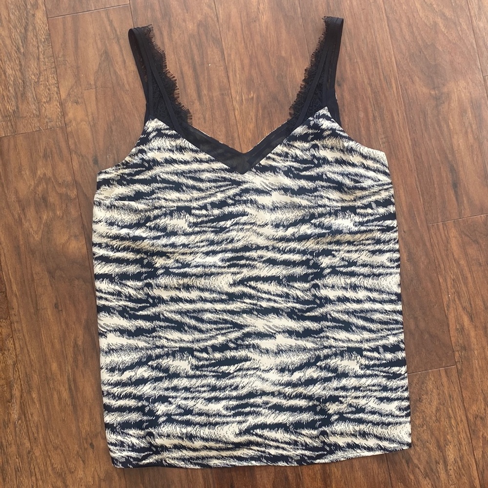 Express Navy and White Zebra Print Lace-Trim Tank Top